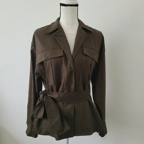 Zara Belted Pocket Blazer Jacket Tie Waist Khaki Size XS - Picture 3 of 12
